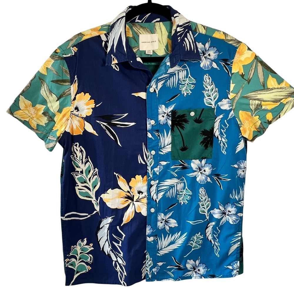 Y2K American Eagle Mens M Floral Palm‎ Tree Colorblock Short Sleeve Button Shirt